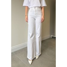 Magarde Taş Detaylı Wide Leg Jean- Beyaz