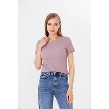 Hdm Kadın Mor Kısa Kollu Fitilli Basic Bisiklet Yaka Tişört - H6037