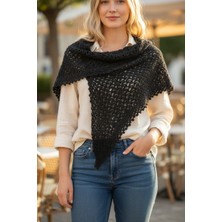 Tokuşka El Örgüsü Üçgen Örümcek Ağı Desenli Püsküllü Omuz Şalı