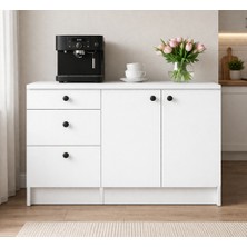 T Designo Roya Alt Modül-Çok Amaçlı Dolap -130 cm -2 Kapaklı-3 Çekmeceli-Laminat Beyaz Tezgah Dahil
