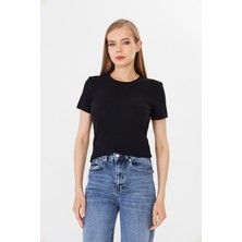 Hdm Kadın Siyah Kısa Kollu Fitilli Basic Bisiklet Yaka Tişört - H6037