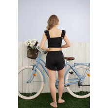 Pijamoni Kadın Omuzu Fırfır Detaylı Siyah Şort Takımı