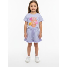 Toontoy Kız Çocuk 2'li  Şortlu Takım Bisiklet Yaka Kısa Kollu Baskılı Tişört - Beli Lastikli Bağlamalı Cepli Paçası Fırfır Detaylı Şort 25015