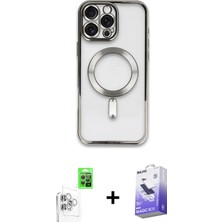 iPhone 16 Pro Max Nova Işık Özel Seri - Siyah Bilvis 5in1 5d Magic Hayalet Cam Ekran Koruyucu + Beyaz Raze Metal Kamera Lens