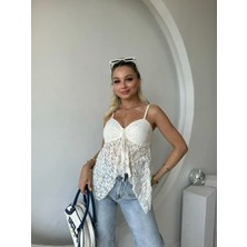 Fehu Bloom Ekru Askılı Dantel Bluz