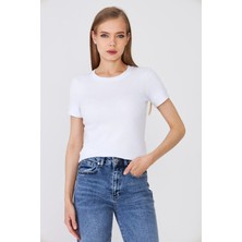 Hdm Kadın Beyaz Kısa Kollu Fitilli Basic Bisiklet Yaka Tişört - H6037