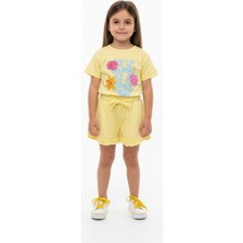 Toontoy Kız Çocuk 2'li  Şortlu Takım Bisiklet Yaka Kısa Kollu Baskılı Tişört - Beli Lastikli Bağlamalı Cepli Paçası Fırfır Detaylı Şort 25015