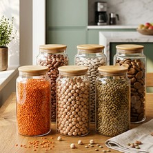 Snippy Noze - 6'lı Bambu Kapaklı Cam Saklama Kabı Sızdırmaz Vakum Kapaklı Baharatlık 1400ML