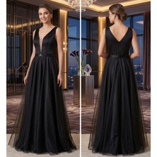 Prlineüstü Saten Altı Tül Kolsuz Abiye Elbise