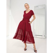 Qimya Butik Buketli Kadın Diz Altı Tül Kemerli Cepli V Yaka Kısa Kollu Geniş Kesim Uzun Elbise