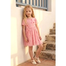 Magu Kız Çocuk Pamuklu Pembe Kalp Baskılı Tül Elbise - Kısa Kollu