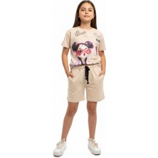 Toontoy Kız Çocuk 2'li Şortlu Takım Bisiklet Yaka Kısa Kollu Baskılı Tişört - Beli Lastikli Bağlamalı Cepli Şort 25020