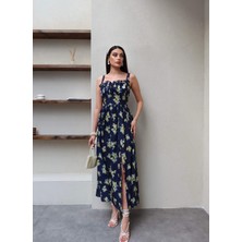 Esra Helvacı Limon Desen Göğüs Büzgü Yırtmaçlı Elbise