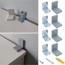 4-Adet Gri Dekoratif Plastik Kapaklı Ağır Dolap Montaj Askı Elemanı - Deprem Dolap Sabitleme Aparatı Seti - Mobilya Şifonyer Kitaplık Raf Masa Duvara Sabitleyici L Demir