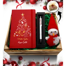 As Gift Kasa Içerisinde Kardan Adam & Kişiye Özel Kırmızı Defter & Kalem Hediye Seti
