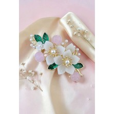 RALBAX Ballote Saç Aksesuarı – Pembe ve Beyaz Çiçek Detaylı, Inci Süslemeli Lüks Kadın Saç Tokası