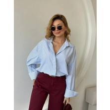 Fehu Bloom Oversize Arkası Uzun Düğmeli Çizgili Gömlek Mavi