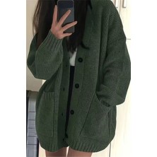 Tarz Cool Kadın Oversize Cepli Düğmeli V Yaka Triko Hırka