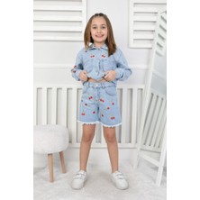 Moonch Kız Çocuk Kiraz Nakışlı Ikili Kot Takım - Ceket ve Şort Etek Seti