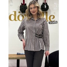 Ayhan Kadın Kemer Detaylı Çizgili Gizli Düğmeli Gömlek