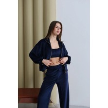 Fehu Bloom Fermuarlı Üçlü Kadife Takım Lacivert