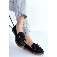 OEY Fashions Boriy Siyah Deri Tozu Süet Babet Ayakkabı