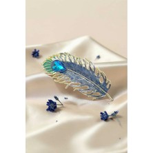 RALBAX Bourrache Saç Tokası – Mavi Kristal Taşlı Altın Renk Tüy Tasarımlı Şık Kadın Aksesuar