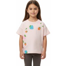 Toontoy Kız Çocuk Bisiklet Yaka Düşük Omuz Kısa Kollu  Baskılı Tişört  25005