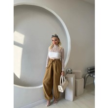 Fehu Bloom Beli Lastikli Şalvar Pantolon Hardal