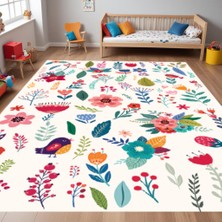 Limajuno Home & Kids Carpet Çiçek ve Kuş Desenli Dijital Baskılı Çocuk HALISI_100 x 150 cm