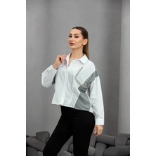 Fehu Bloom Beyaz Triko Karışımlı Taşlı Gömlek