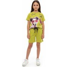 Toontoy Kız Çocuk 2'li Şortlu Takım Bisiklet Yaka Kısa Kollu Baskılı Tişört - Beli Lastikli Bağlamalı Cepli Şort 25020