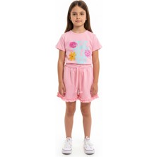 Toontoy Kız Çocuk 2'li  Şortlu Takım Bisiklet Yaka Kısa Kollu Baskılı Tişört - Beli Lastikli Bağlamalı Cepli Paçası Fırfır Detaylı Şort 25015