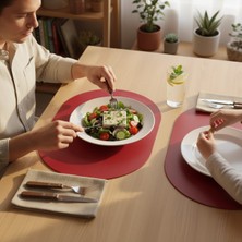 Grand Fine Art 6 Kişilik 12 Parça Kırmızı Tam Oval Deri Amerikan Servis Supla 33X44 Cm-Kolay Silinir Supla