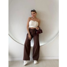Fehu Bloom Yumuşak Dokulu Geniş Paça Pantolon Kahverengi