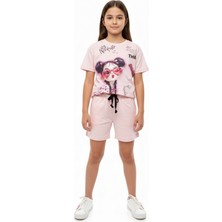Toontoy Kız Çocuk 2'li Şortlu Takım Bisiklet Yaka Kısa Kollu Baskılı Tişört - Beli Lastikli Bağlamalı Cepli Şort 25020