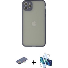 Cepte Toptan iPhone 12 Pro Max Ahenk Çizgi Serisi - Siyah 3D Antistatik Seramik Nano Ekran Koruyucu + Mavi Renkli Kamera Lens Koruma Cam