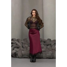Fehu Bloom Beli Lastikli Dantelli Saten Etek Bordo