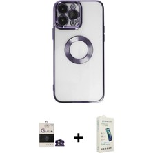 Cepte Toptan iPhone 14 Pro Max Pusula Form - Şeffaf Pasifik Cam Ekran Koruyucu + Gümüş Bilvis Titan Kamera Lens