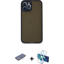 Cepte Toptan iPhone 12 Pro Max Ahenk Çizgi Serisi - Siyah 3D Antistatik Seramik Nano Ekran Koruyucu + Mavi Renkli Kamera Lens Koruma Cam