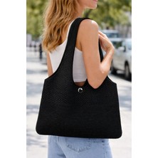 Irmak Kerekli Kadın Triko Örme Gündelik Omuz Çantası Yazlık Astarsız Çelik Örgü Çanta 2403 Siyah