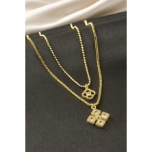 Ebijuteri Dikdörtgen Zirkon Taşlı Çelik Ikili Kolye