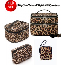 NS Reliable 4’lü Set Makyaj ve Kozmetik Seyahat Çantası - Su Geçirmez Düzenleyici Valiz Içi Organizer Leopar