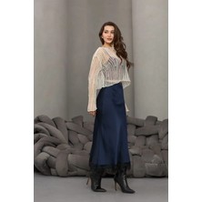 Fehu Bloom Beli Lastikli Dantelli Saten Etek Lacivert