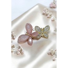 RALBAX Bergenie Saç Aksesuarı – Kristal Taşlı ve Pembe Kanatlı Çift Kelebekli Şık Kadın Tokası