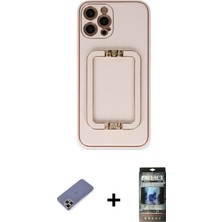 Cepte Toptan iPhone 12 Pro Kozmos Minimal Prime - Siyah 34D Hayalet Izgaralı Cam + Gold Metal Kamera Lens Koruma Cam