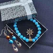 Ayre Style Mystic Elegance Apatit Doğal Taş Takı Seti – Kaplan Gözü & Hematit Detaylı Sallantılı Küpe ve 8mm Bileklik, El Yapımı Bohem Kadın Aksesuar