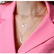 Gümüş Renk Kutup Yıldızı ve Hilal Figürlü Çok Katmanlı Kolye