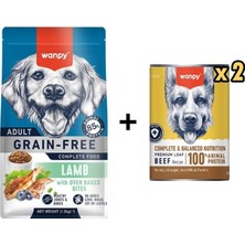 Wanpy Tahılsız Kuzulu Yetişkin Köpek Maması 1,5 kg + 2 Adet Wanpy Tahılsız %100 Gerçek Et Biftekli Köpek Konservesi 375 gr