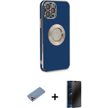 Cepte Toptan iPhone 12 Pro Max Iz Form Serisi - Siyah 3D Antistatik Hayalet Cam Ekran Koruyucu + Pembe Shine Kamera Lens Koruma Cam